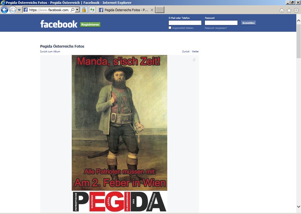 Screenshot der Facebook Seite von "Pegida Österreich" (2.2.2015)